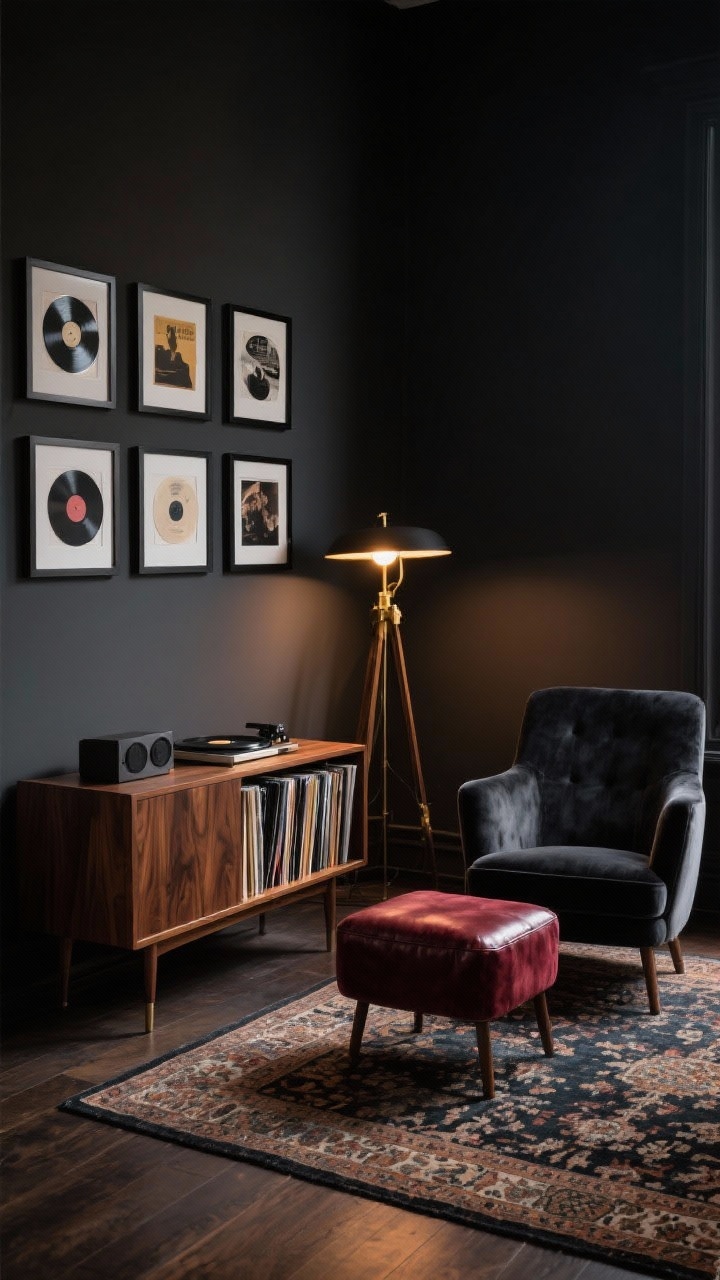 Photorealistic medium corner shot: moody listening lounge with a walnut mid-century record console against the wall, vinyl stacked vertically in slim crates, a charcoal velvet club chair, and a small leather ottoman for flipping through records; above, a tidy gallery of album art in uniform black frames; tripod floor lamp with a warm bulb; a 2x3 Persian rug layered to define the listening zone; palette charcoal, walnut, brass, oxblood; materials velvet, leather, wood grain, matte black; low, warm lighting, intimate vibe.