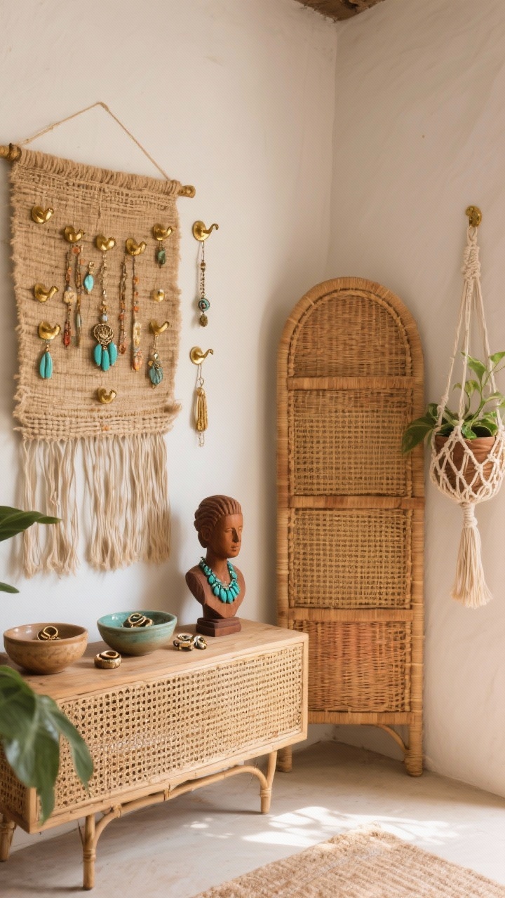 Photorealistic medium corner shot of a boho rattan nook: a rattan arch wardrobe and a low cane console. On the wall, a woven jute tapestry fitted with tiny hammered brass hooks holding long pendants and charms cascading like fringe. On the console, ceramic bowls of rings and a hand-carved mango wood bust displaying chunky turquoise jewelry. A macramé plant hanger floats adjacent. Palette of sand, terracotta, sage, burnished gold; textures of rattan, jute, ceramic, mango wood; sun-warmed, collected vibe.
