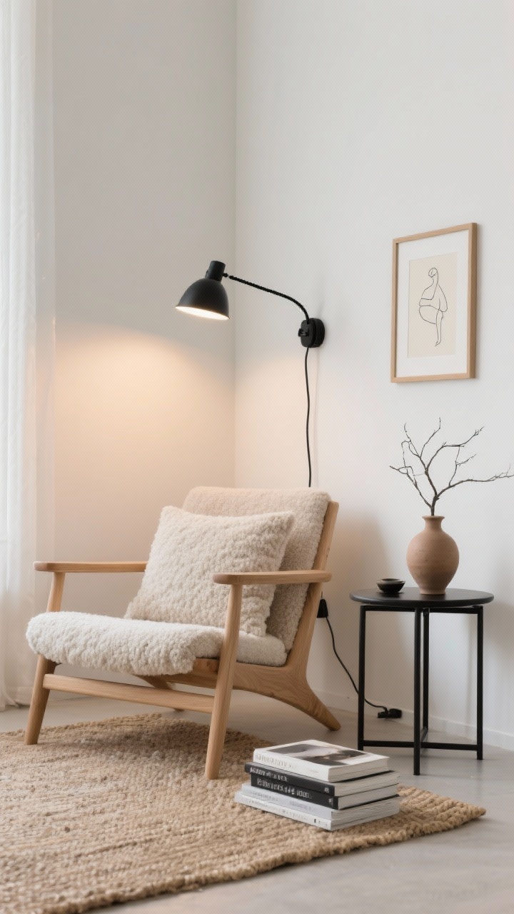 Photorealistic medium corner shot of a Japandi reading nook: low pale oak lounge chair with a boucle cushion beside a slim black metal side table on a textured jute rug; warm white walls with a matte black plug-in swing arm sconce mounted slightly above eye level, its black cord neatly wrapped in a linen cord cover blending into the wall; soft, warm 2700K glow falling onto a stack of design books and a small framed line drawing on the wall; clay vase with branches on the side table; color palette warm white, soft taupe, matte black, natural oak; emphasize textures of boucle, jute, and linen; serene morning-tea ambiance, no people.