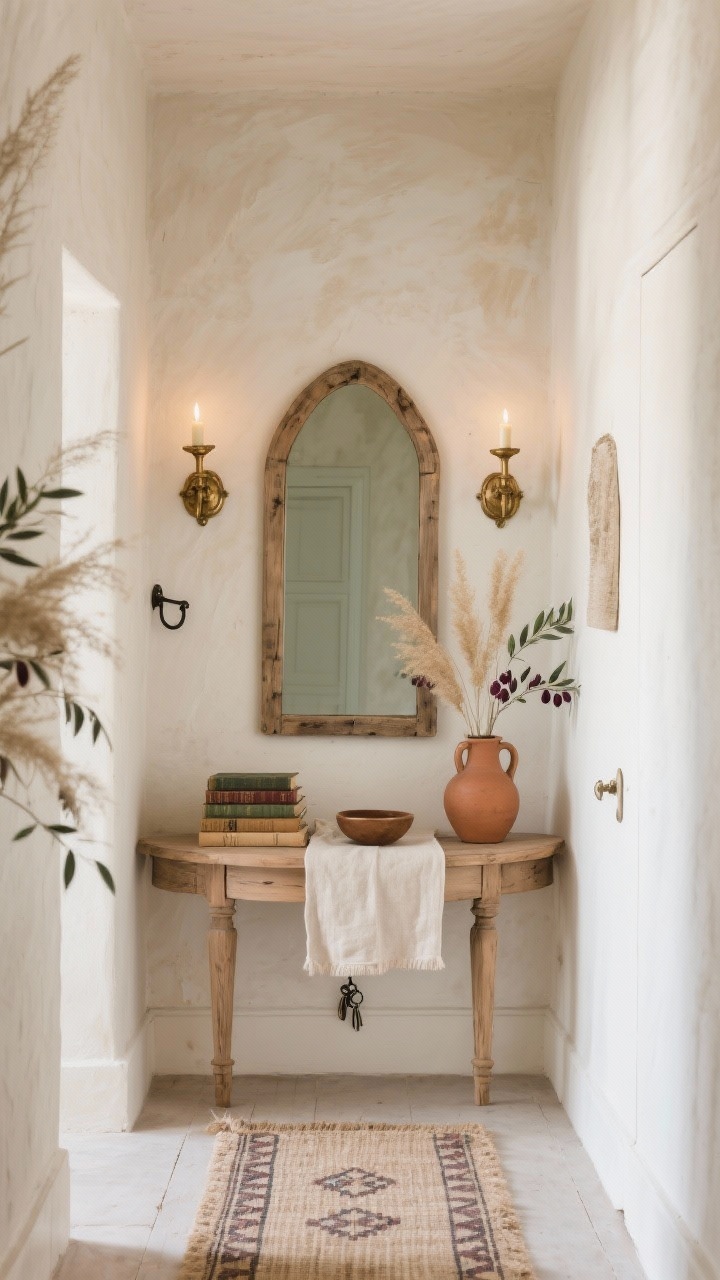Photorealistic medium entry vignette, slight corner angle, rustic French style: narrow wall painted soft limestone/putty; aged wood-framed arched mirror centered; flanked by vintage brass candle sconces; slim raw-oak demilune console beneath with a linen runner, stacked old books, terracotta jug, and a small bowl for keys; petite iron coat hook mounted low on the wall; floor features a jute runner or narrow patterned kilim; color story of cream, sand, sage, muted berry; olive branches or dried grasses add height. Warm, romantic lighting with gentle daylight and sconce glow.