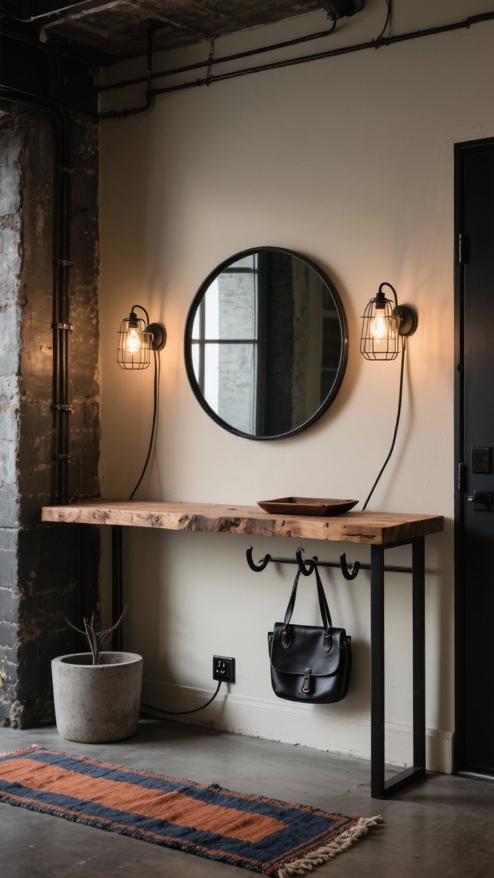 Photorealistic medium entryway angle showing an industrial loft vibe: raw-edge wood console table beneath a round black metal mirror on soft cream walls; two plug-in cage sconces with visible Edison-style LED bulbs flanking the mirror, cords intentionally exposed and clipped in straight lines with black cord clips down to a floor-level outlet; accessories include a leather valet tray on the console, matte black hooks for bags, a concrete-styled planter, and a vintage runner with terracotta and navy tones; palette charcoal, warm wood, black metal, soft cream; dim, moody lighting, no people.
