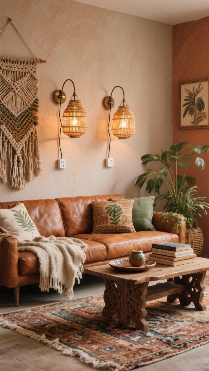 Photorealistic medium living room feature wall shot with a cozy boho atmosphere: caramel-leather sofa in front of a wall adorned with two plug-in lantern-style sconces with rattan/seagrass shades, cords concealed by macramé cord covers or paintable raceways; Moroccan wool rug under a carved wooden coffee table styled with stacked books and a ceramic tray; layered textiles and botanical prints, a woven wall hanging, and lush plants; palette terracotta, sage, cream, caramel, aged bronze; warm 2200–2700K bulbs for golden evening light, optionally implied smart plug; rich textures of rattan, linen, wool, carved wood highlighted, no people.
