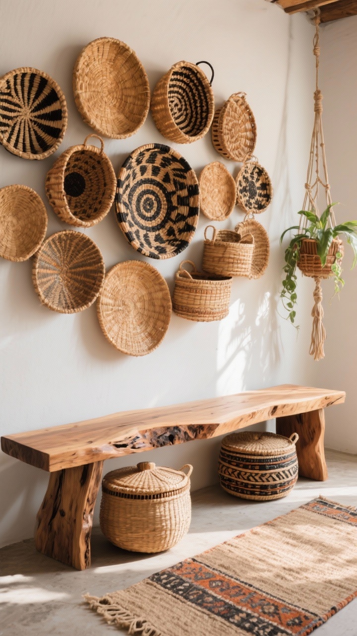 Photorealistic medium shot, boho basket wall with live-edge bench: a clustered arrangement of woven baskets as wall art in natural, honey, and black patterns; slim live-edge wood bench below with organic edges; lidded belly baskets tucked underneath; flat jute or kilim runner on the floor, a macrame plant hanger in the corner; sunlit, textured, collected bohemian atmosphere with terracotta and black accents
