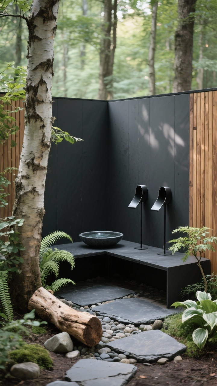 Photorealistic medium shot, corner angle: a modern woodland nook under a birch tree featuring a low matte-black steel bench with two minimalist black metal tube/hopper feeders and a shallow slate bowl of water; framed by narrow cedar slats, slate stepping stones with river rock infill, and a single sculptural sun-bleached log used as a perch; plants include ferns, hostas, and a baby Japanese maple; color palette of charcoal, moss green, and warm wood; calm, intentional mood with soft dappled forest light; no people.