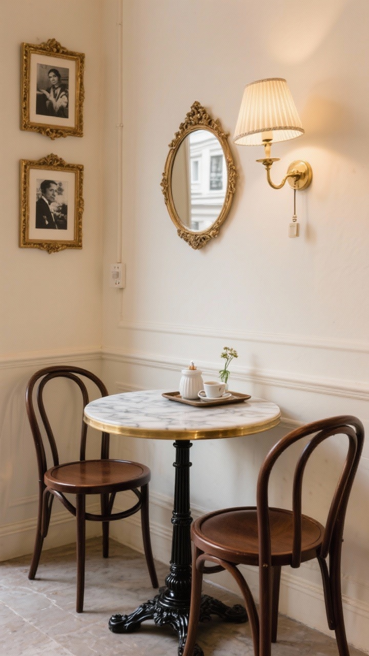 Photorealistic medium shot from a slight corner angle: Parisian coffee corner featuring a marble-topped bistro table with a black iron pedestal and two slender dark walnut bentwood chairs; on the wall, a pair of gilded vintage frames with black-and-white photography and a plug-in sconce with a pleated cream shade; a small tray on the table with a sugar bowl, demitasse cups, and a tiny bud vase; a round mirror above the table bouncing light; palette of cream, black, walnut, and brass; materials marble, bentwood, gilt, pleats; warm café glow lighting.