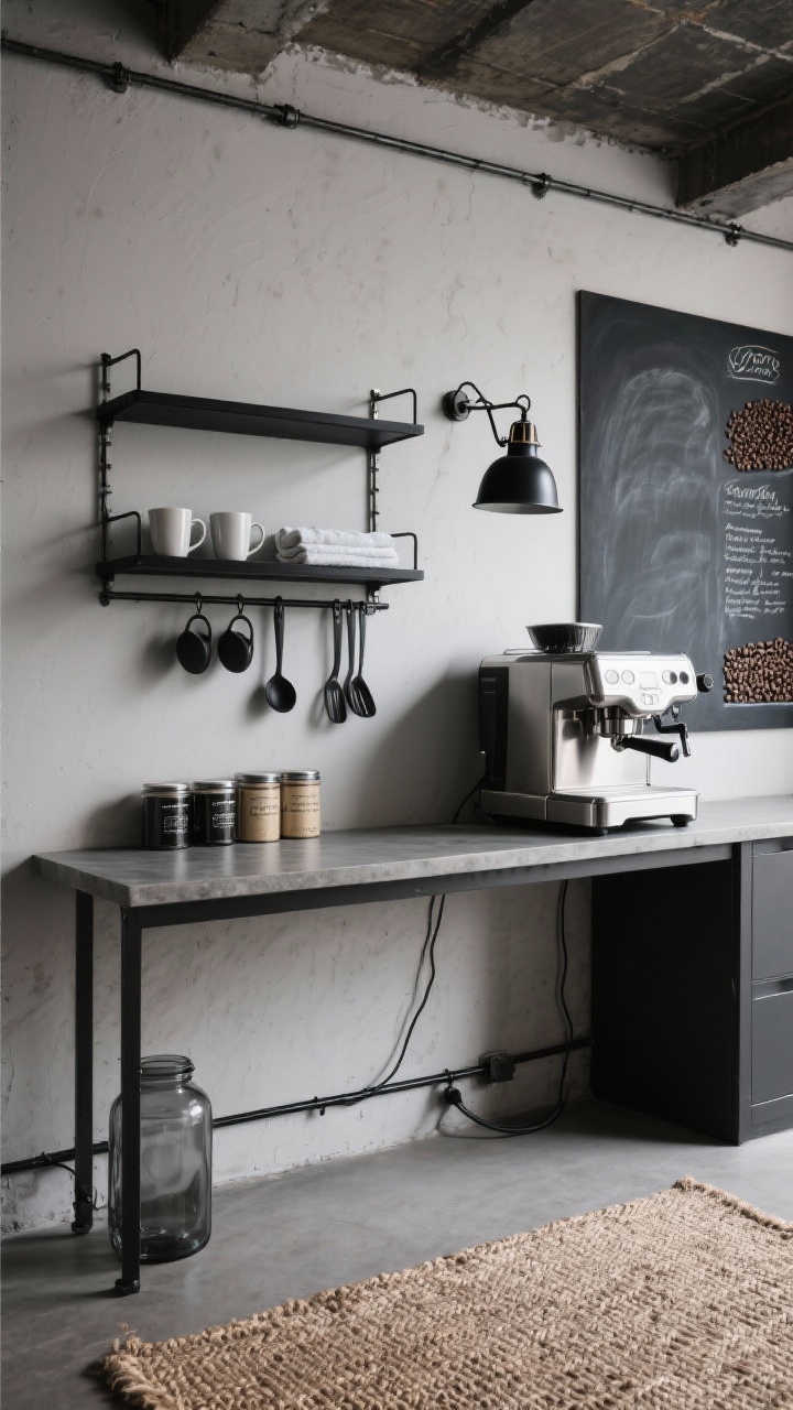 Photorealistic medium shot from a slight side angle: an industrial wall-mounted rail system on a bare wall with two black metal shelves and a matching utensil rail below holding mugs, scoops, and towels; on the counter sits a robust stainless espresso machine and a lineup of canisters; a charcoal chalkboard adjacent to track beans and recipes; a vintage-style adjustable arm sconce in black metal casting directional light; a textured jute rug grounding the setup; accents include a smoked glass jar; palette of black, steel, concrete gray; cords hidden with a slim black cable cover; urban loft feel, no people.