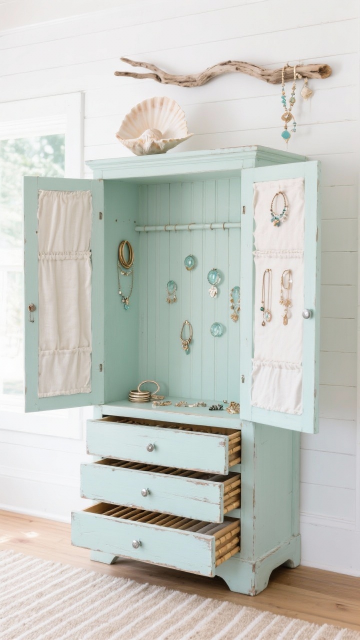Photorealistic medium shot of a coastal armoire setup: white clapboard walls, striped rug, and a distressed seafoam armoire converted into a jewelry cabinet. Open doors reveal beadboard lined with linen and tiny glass knobs for hanging pieces. Drawers with bamboo dividers partially open to show organized jewelry. On top, a conch shell bowl cradles bangles; a wall-mounted driftwood branch nearby holds anklets and beachy charms. Bright, airy light; palette white, seafoam, sand, brushed nickel; materials beadboard, linen, driftwood, glass.