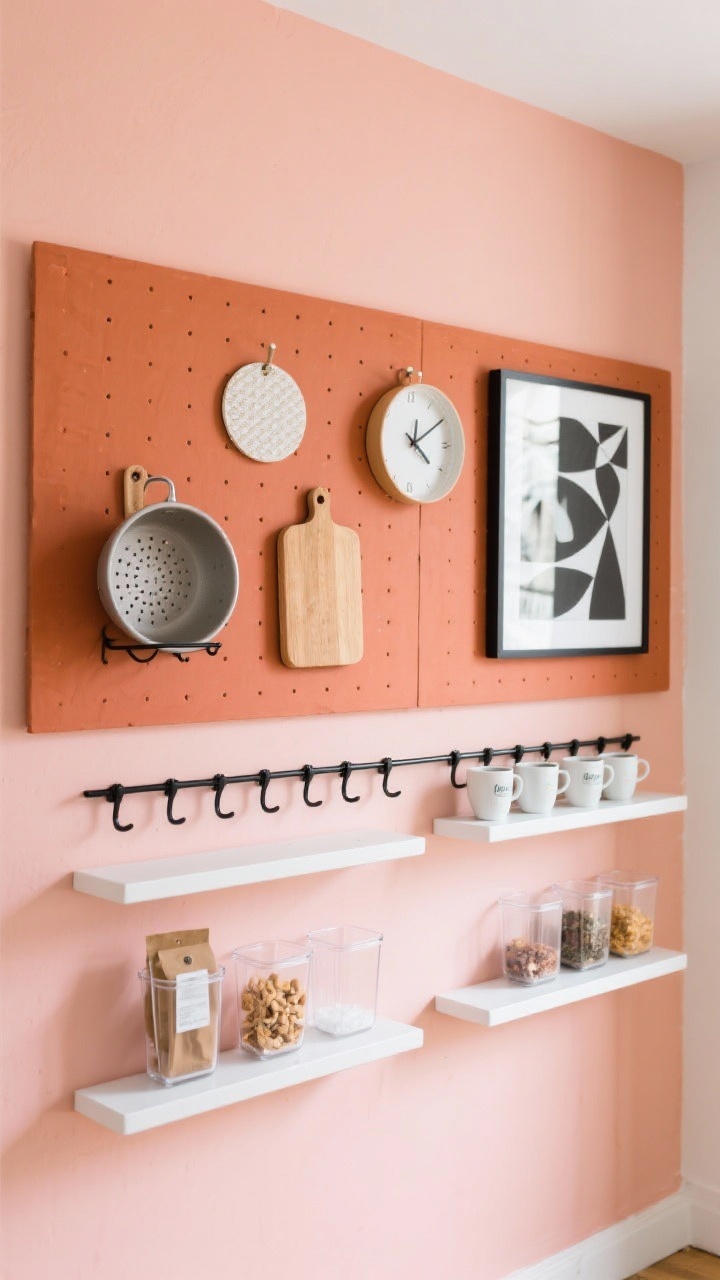 Photorealistic medium shot of a color-blocked modern gallery wall: pegboard painted terracotta on the top half and blush/peach on the bottom, accessories kept sleek. Matte white shelves with stackable spice shelves, black hooks, and clear acrylic bins for snacks or tea bags. Geometric cutting boards and a compact rail displaying espresso cups. One black-and-white abstract print to balance the color. Repeated round shapes: round colander, round trivet, round clock. Even, bright natural light for a playful yet polished look, straight-on graphic composition.