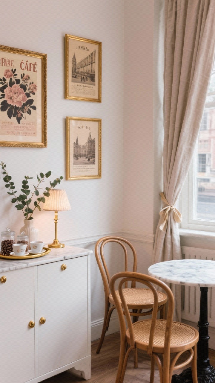 Photorealistic medium shot of a cozy European café corner with Parisian flair: a slim white buffet with brass knobs beside a marble-topped bistro table. Above, a trio of gilt-framed art prints (vintage café posters, moody florals, sepia city scenes). On the buffet, a gold-rimmed tray with delicate porcelain cups and glass jars of beans with brass scoops; a petite lamp casting warm café glow. Two bentwood chairs with cane seats flank the table. Window with linen café curtains tied back with ribbon. Fresh eucalyptus in a bud vase. Soft palette of ivory, blush, and antique brass. Angled corner view.