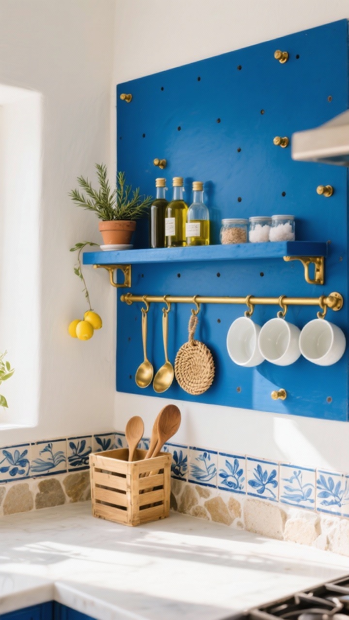 Photorealistic medium shot of a Mediterranean blue and brass open kitchen wall: deep Mediterranean blue pegboard with brass pegs and rails. Palette of blue, brass, and creamy white with natural stone accents. Brass rails hold ladles; a shallow shelf displays olive oil bottles and sea salt; a lemon crate-style bin sits below. Olive wood spoons, woven trivets, and white ceramic bowls hang neatly. A narrow strip of hand-painted tile frames the board; a small potted rosemary clipped to a bracket adds greenery. Bright, sunlit coastal feel, slightly angled perspective to show depth and brass gleam.