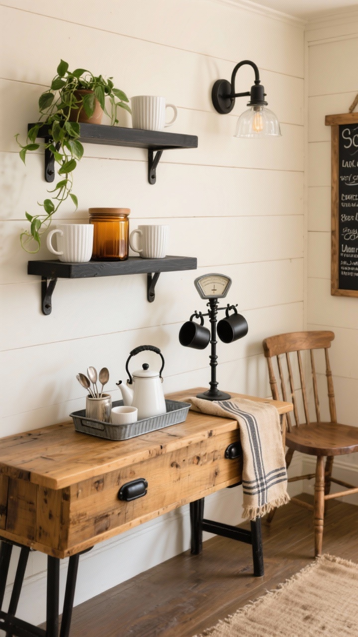Photorealistic medium shot of a modern farmhouse coffee nook: a reclaimed wood console in a honey stain against a creamy shiplap accent wall, with two matte black floating shelves holding ribbed white mugs, amber glass canisters, and a trailing pothos. On the console, a galvanized tray corrals a kettle, spoons, and sugar beside a black metal mug tree and a vintage-style scale. A chalkboard menu with handwritten blends hangs nearby. Hardware includes matte black pulls and a wall sconce with a clear glass shade casting warm light. A small Windsor chair in natural oak is tucked to the side. Textiles: grain sack runner and striped tea towels. Palette: warm whites, oat beige, and black accents. Straight-on view.