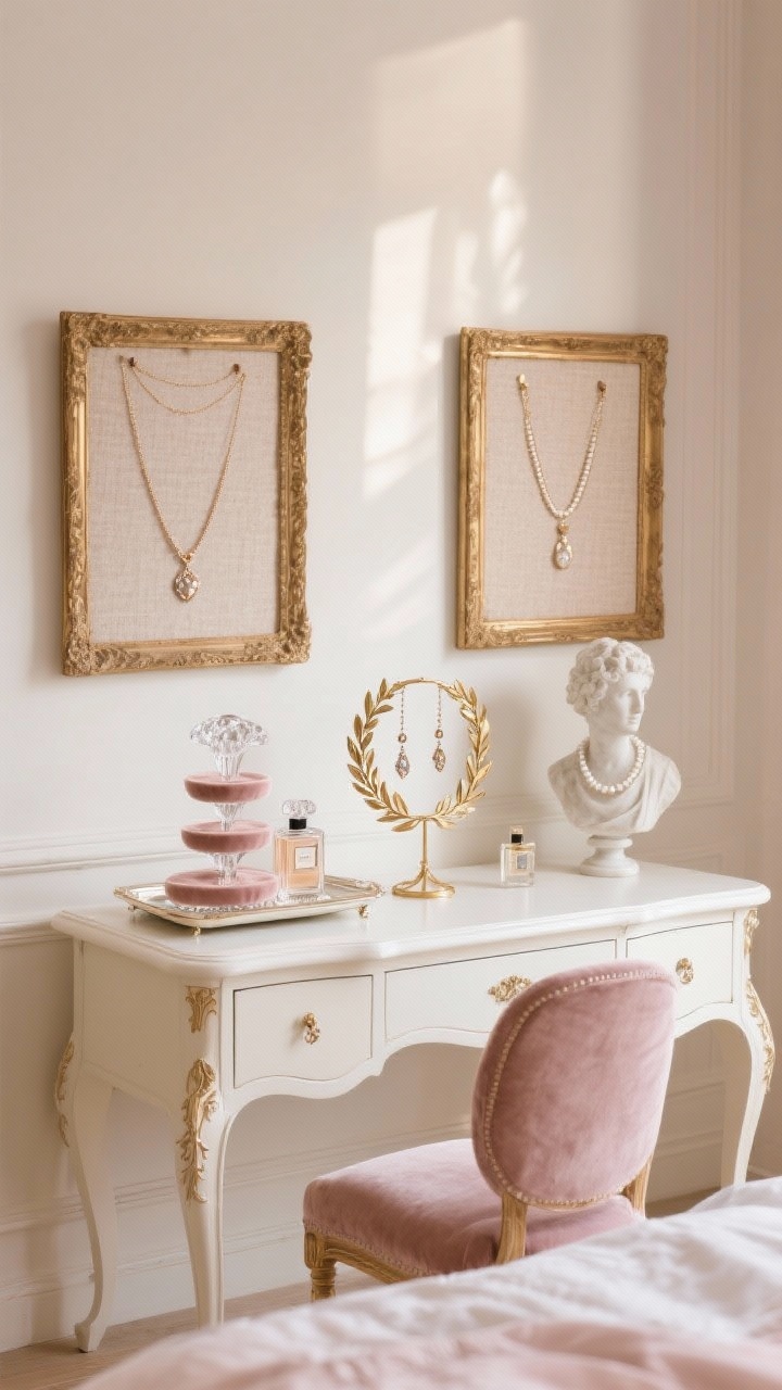 Photorealistic medium shot of a Parisian-style bedroom vanity: cream walls with soft, diffused natural light; an ivory French-style vintage vanity beneath two antique gilded frames containing linen-covered cork boards with delicate necklaces pinned like artwork. On the vanity, a crystal tray with perfume bottles, a tiered velvet ring stand in dusty rose, a gold wire laurel wreath sculpture displaying dangling earrings, and a petite marble bust draped in pearls. Palette of ivory, blush, and pale gold; materials include linen, gilded wood, crystal, and velvet; soft romantic couture dressing room mood.