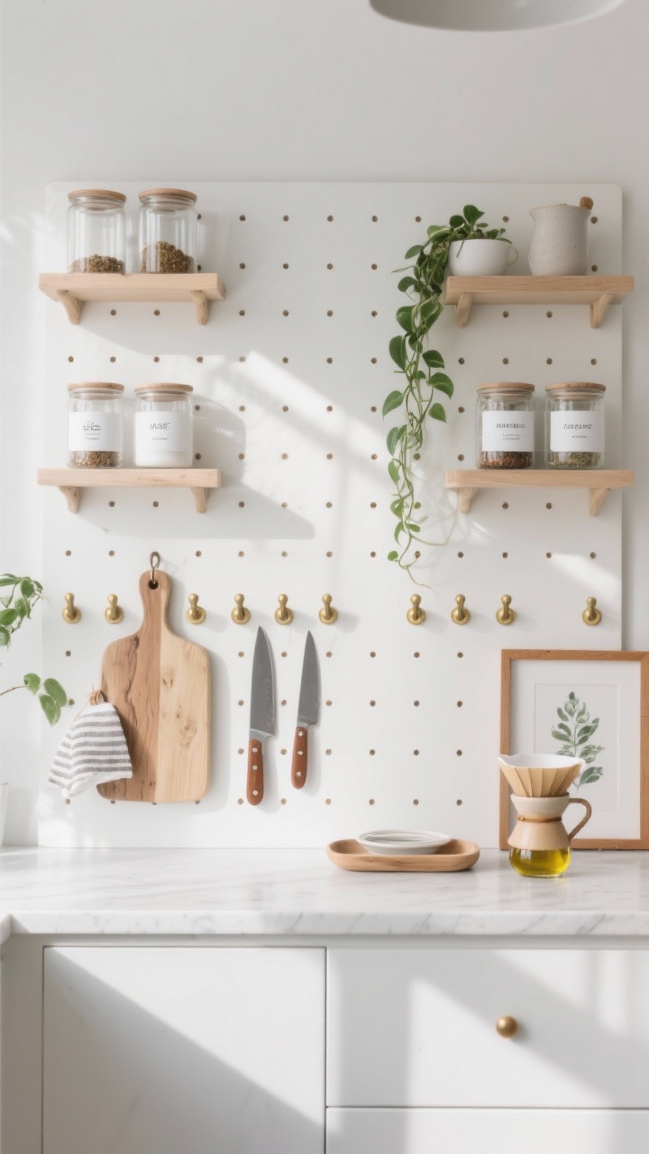 Photorealistic medium shot of a Scandinavian light and airy pegboard pantry on a sunlit kitchen wall: pale birch pegboard backed with matte white, softly rounded edges, crisp palette of white, birch, and soft gray with warm tan leather accents. Symmetrical layout: two white oak floating shelves holding clear glass canisters and spice jars with simple white labels; centered birch cutting board; two rows of brass pegs and hooks holding a slim knife rack, a birch dowel with dish towels, and shallow trays for oils. Include a tiny trailing pothos, a ceramic pour-over, and one framed botanical print. Soft natural daylight, serene minimalist Nordic café mood, straight-on view.