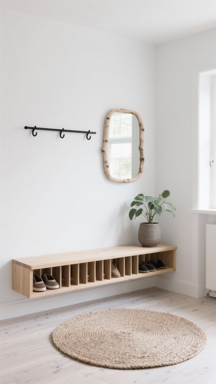 Photorealistic medium shot, Scandinavian slimline nook: white walls, a blonde wood floating bench with a narrow slatted shoe rack tucked beneath, and a slim black metal rail with simple hooks above; round jute rug on pale wood floors, a birch-framed mirror reflecting soft natural light, a dusty green plant in a matte ceramic pot; calm palette of white, pale wood, soft gray with airy, tidy styling
