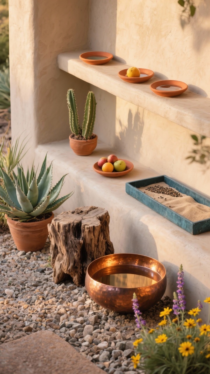 Photorealistic medium shot, side angle: a desert oasis ledge against a stucco-colored wall shelf holding terracotta saucers with water and fruit, plus a shallow seed tray lined with sand; a hammered copper bowl as a reflective water source catching warm golden-hour light; anchored by a chunky mesquite stump and potted agaves; crushed granite ground; plants include agave, aloe, desert marigold, penstemon; colors terracotta, sand, copper, deep teal; sun-kissed, sculptural mood; no people.
