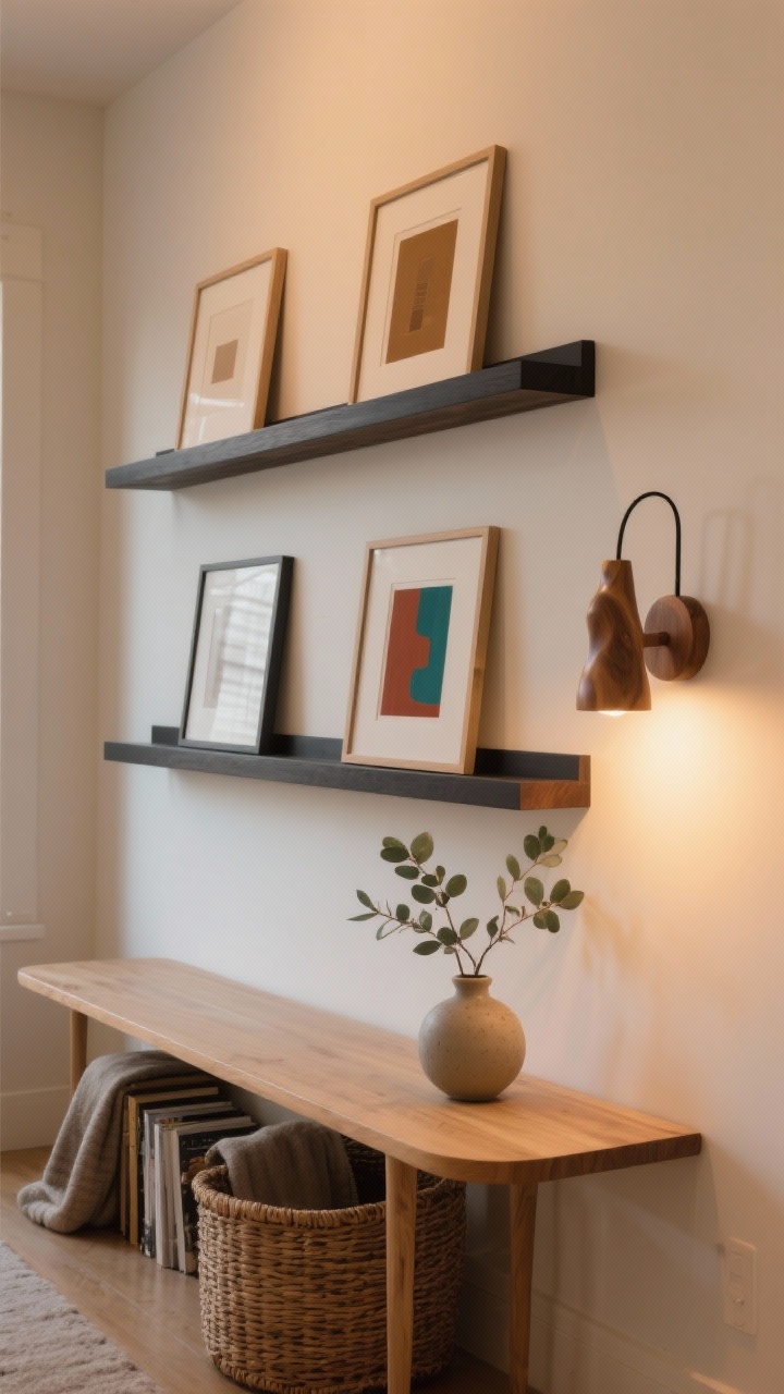Photorealistic medium shot, straight-on view of a narrow wall styled as a modern art-ledge gallery with warm minimalism: two to three slim floating ledges in matte black or oak mounted on warm white walls; staggered, leaning framed prints with thin modern frames in soft neutrals (warm white, camel, graphite) plus one accent in rust or teal; a sculptural sconce on one side casting a cozy spotlight on the art; below, a low-profile light wood console with rounded corners; woven basket tucked beneath for books/throws; small ceramic vase with eucalyptus on the console. Soft evening ambient light with sconce illumination; clean, gallery-cool mood.