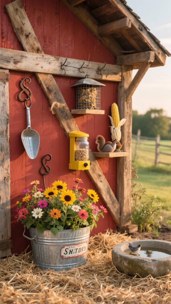 Photorealistic medium shot, three-quarter angle: a rustic A-frame made of reclaimed barn wood with crossbeams supporting multiple feeders—a suet cage, mason-jar seed dispenser, and a corn cob holder for squirrels; straw-colored mulch beneath and a round stone birdbath; a galvanized tub planter overflowing with zinnias and sunflowers; enamel signs, a tin scoop on a hook, and iron S-hooks as details; colors barn red, sunflower yellow, galvanized silver, oat; warm, friendly farmstead mood in late afternoon light; no people.