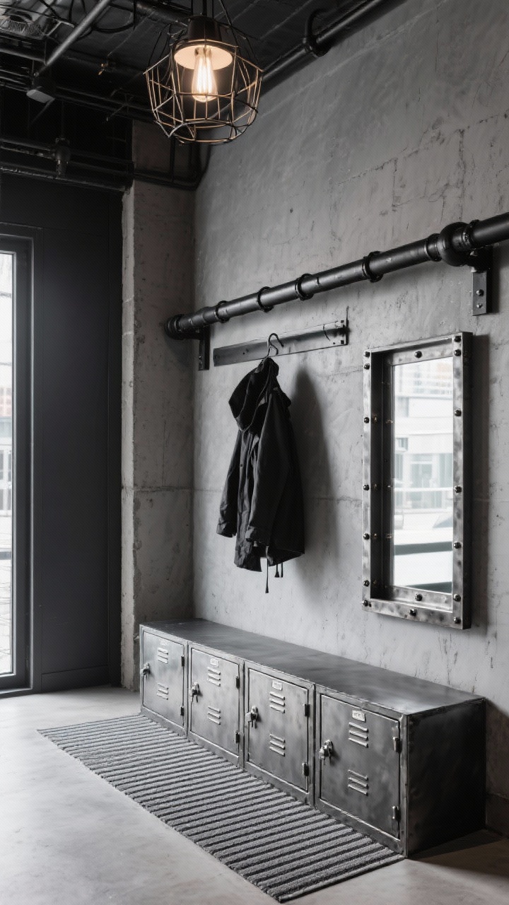 Photorealistic medium shot, urban industrial rail + locker look: matte black pipe rail spanning a cool gray wall with coats hanging, compact metal locker drawers below for storage; forged-metal mirror with rivet details, striped indoor/outdoor runner underfoot; overhead caged ceiling light casting crisp illumination, palette of charcoal, black, and concrete gray with rugged, wipeable finishes