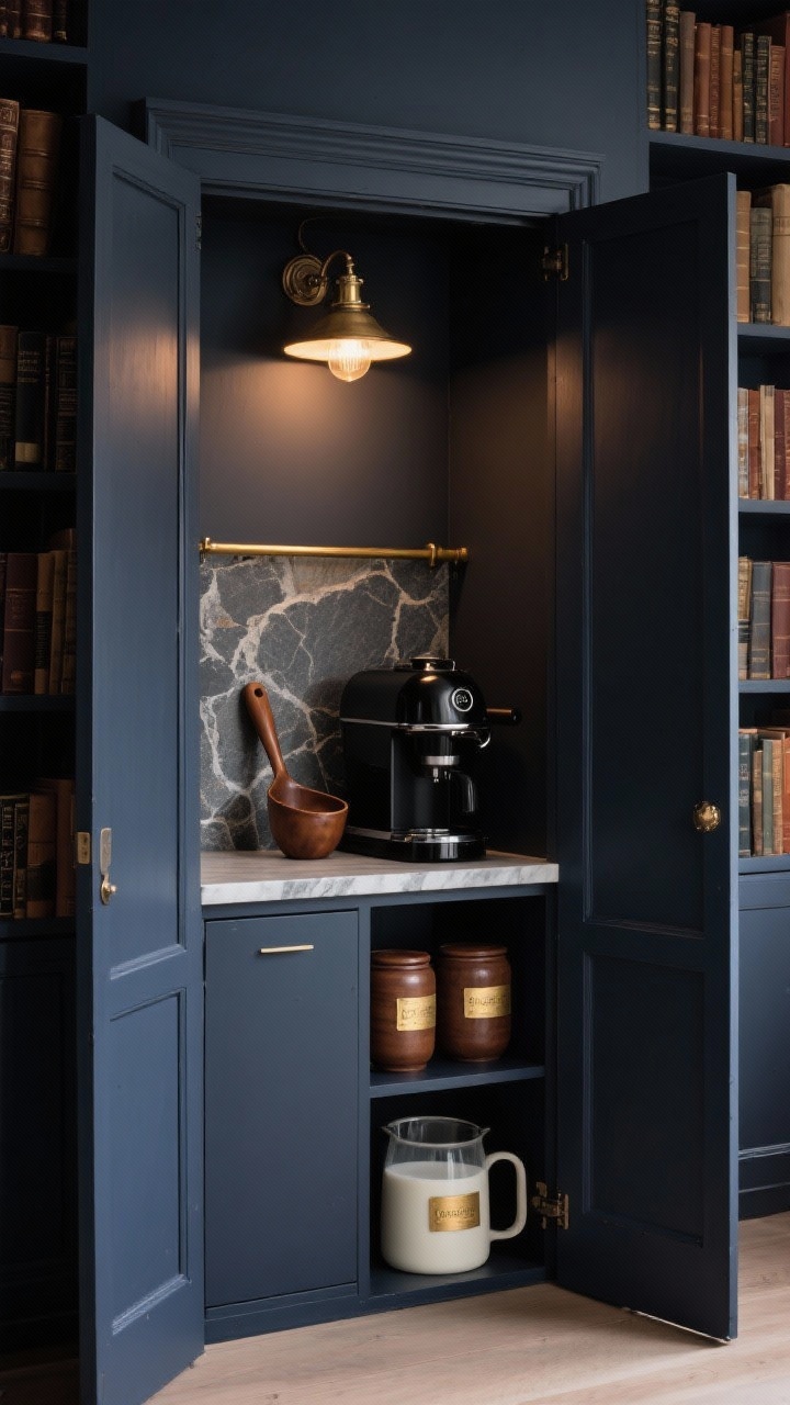 Photorealistic medium shot with doors open, moody lighting: a slim armoire-style cabinet painted in deep inky navy/charcoal revealing a compact counter lined in peel-and-stick faux-stone with an antique brass rail; a library light mounted at the top casting warm focused glow; inside are a gloss-black coffee machine, leather-handled scoop, and ceramic jars with brass labels; walnut tones subtly present; textures of leather, stone, and glossy ceramic emphasized; add a pull-out shelf for milk frothing partially extended; intimate library vibes, no people.