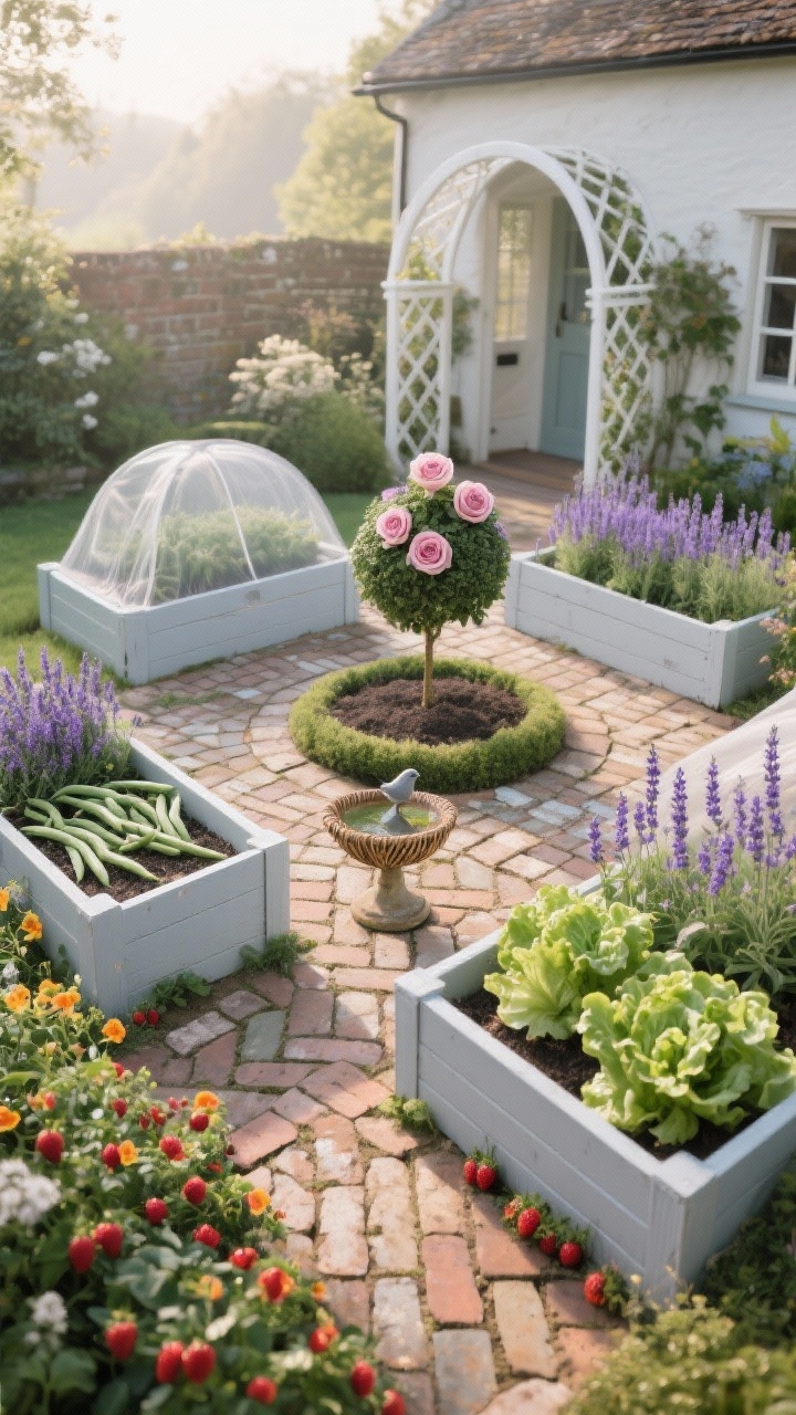 Photorealistic medium, slightly elevated corner angle of “The Cottage Patchwork Parterre”: four rectangular raised beds in white-painted wood or soft gray composite arranged around a small circular center bed; center planted with a rose standard or lavender ball; surrounding beds filled with English lavender, dwarf beans, frilly lettuces, nasturtiums spilling over edges, and strawberries; paths in brick herringbone with reclaimed pavers for a timeworn look; vintage birdbath near the center, willow cloche covers over select rows, and a white trellis arch framing the entry; soft, romantic morning light with gentle shadows, cottage charm, no people.