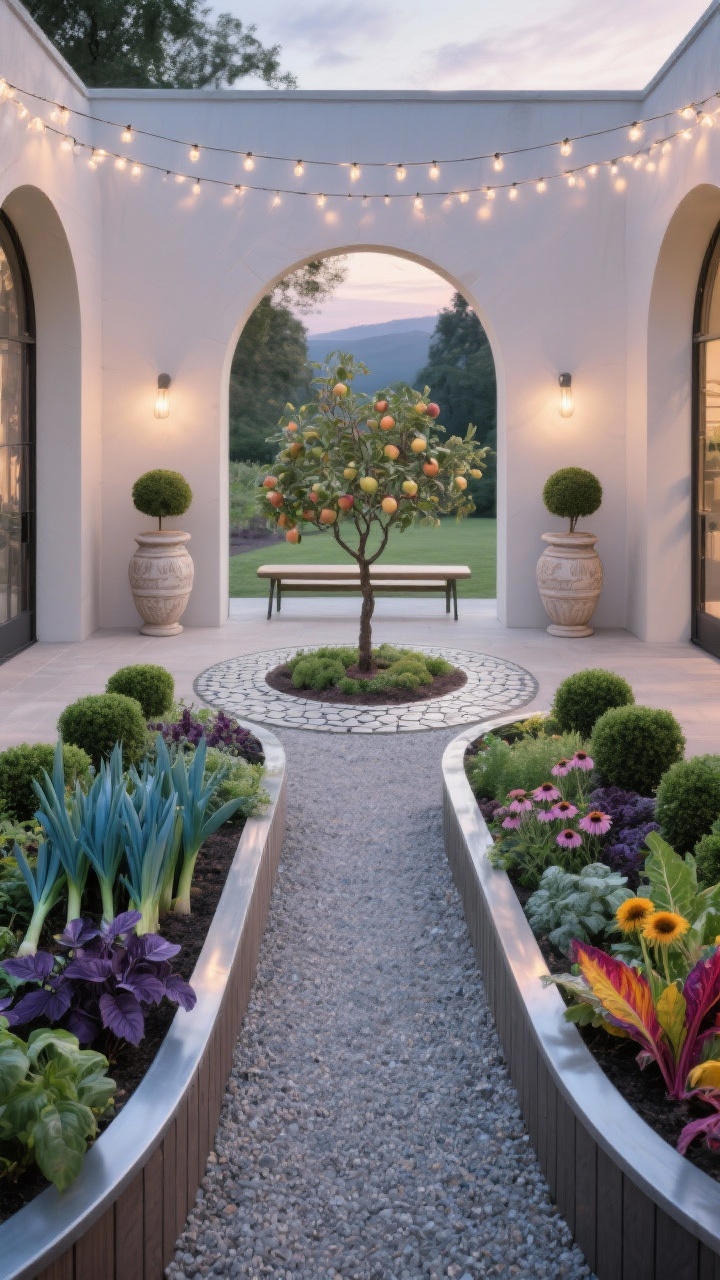 Photorealistic medium, straight-on axial view of “The Oval Orchard Room”: two long oval raised beds formed with curved aluminum edging or flexible composite boards, facing each other to frame a central fine gravel aisle; at the far end, a circular bed with a dwarf fruit tree as the focal point; round stone mosaic under the tree; plantings combining edible and ornamental—blue-green leeks, purple basil, rainbow chard, echinacea—with low boxwood nubs at the oval ends; matching urns flanking the entry, arched string lights spanning overhead, and a slim café bench beneath the fruit tree; soft, elegant early evening ambiance with gentle string light glow, no people.