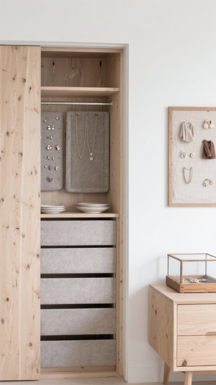 Photorealistic medium straight-on shot of a Scandinavian wardrobe interior: pale ash wardrobe against matte white walls. Pull-out jewelry panels extended, lined in dove-gray suede with slim dividers, shallow dishes, and tiny rails keeping chains untangled. On a nearby dresser, an oak-lidded glass box displays daily-wear pieces. A linen pinboard framed in ash shows a curated capsule collection. Soft, even natural light; palette ash wood, gray, white, soft tan; materials suede, glass, ash, linen; calm and functional.