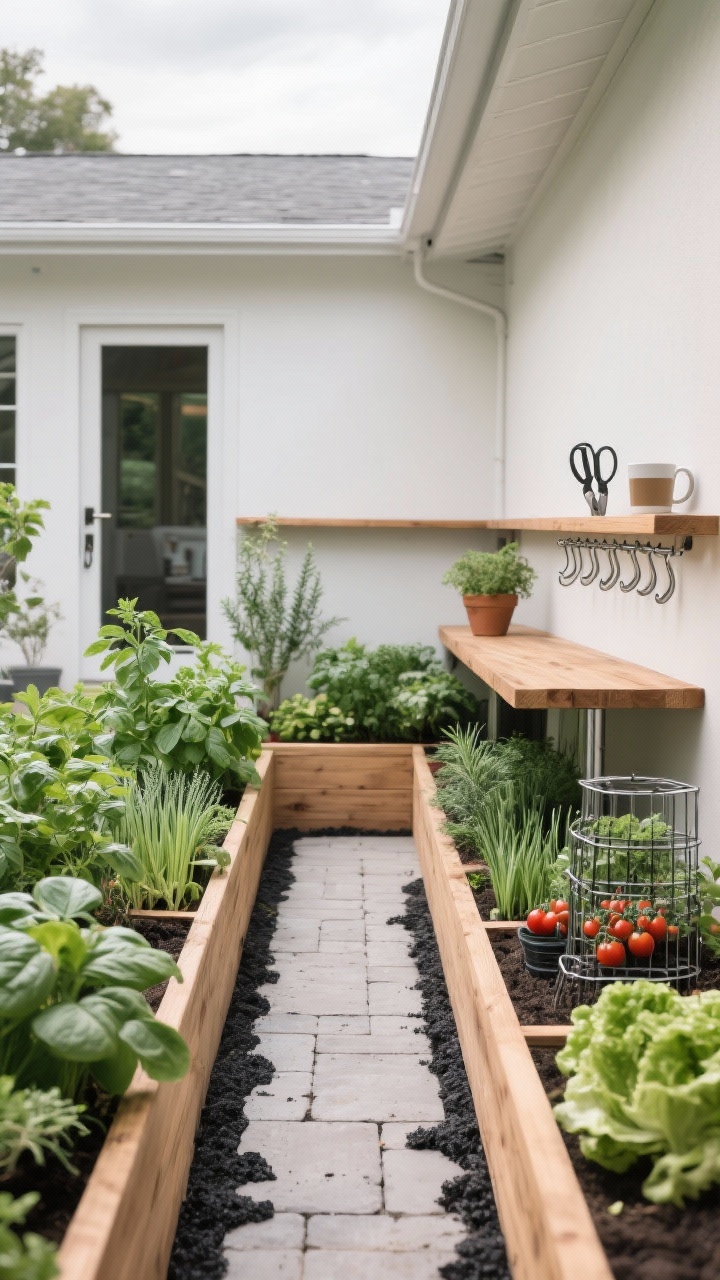 Photorealistic medium straight-on view of “The U-Shaped Chef’s Station”: natural cedar raised beds forming a U-shape, 20–24 inches high, with a narrow shelf along the top rails for shears and a coffee mug; open end facing toward a house doorway in the background; interior planted densely with basil, parsley, chives, rosemary, cherry tomatoes on compact cages, and cut-and-come-again lettuce; smooth pavers or rubber mulch underfoot for clean, mud-free access; a slim potting bench at the closed end of the U with stainless hooks holding hand tools; practical, polished culinary garden studio vibe in bright overcast daylight, no people.