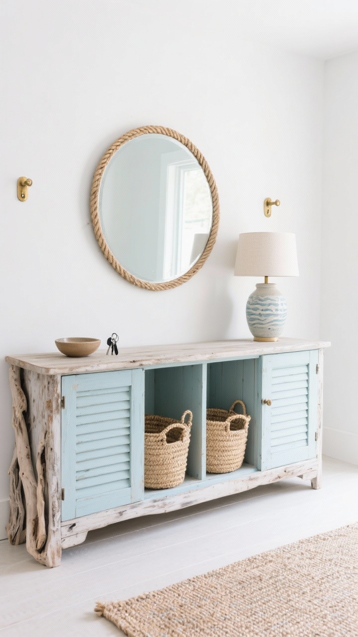 Photorealistic medium-wide shot, coastal calm console with hidden storage: soft-white walls, a weathered driftwood console with louvered doors, woven seagrass baskets partially pulled out; round rope-trimmed mirror above, ceramic coastal-style lamp on the console, small bowl for keys; subtle pale blue and sand tones in a flat-weave rug, small polished brass pegs on the wall; bright, breezy seaside feel