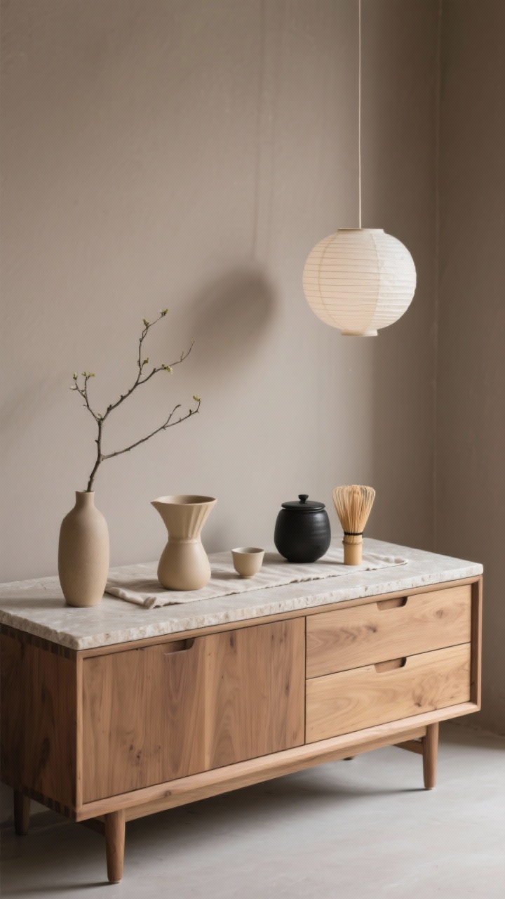 Photorealistic minimalist Japandi serenity station, medium shot: a low oak cabinet with soft-close drawers and a pale, honed stone slab top. Wall finished in taupe clay paint for a tactile, calming base. Curated objects only: a sand-colored ceramic pour-over set, a black stoneware tea canister, and a bamboo whisk resting in a small cradle. Linen runner on the surface and a single branch in a bud vase. Lighting from a rice paper pendant or sphere sconce creating soft, diffused glow. Palette of oak, sand, taupe, and inky black accents. Negative space emphasized, balanced composition.