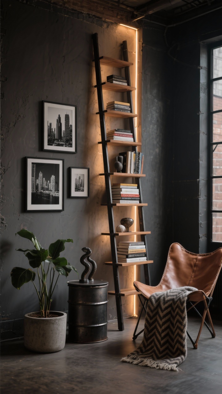 Photorealistic moody medium shot of an industrial leaning ladder library: slim iron-and-wood leaning ladder shelf against a narrow wall; styled with stacks of paperbacks, a few thin black-framed black-and-white city photos, and small sculptural objects; warm LED strip hidden behind the ladder creating a soft halo on the wall; compact dark-metal barrel side table; leather sling chair nearby if space allows; palette of charcoal, tobacco, and warm oak; wool throw with subtle herringbone draped over the chair; snake plant in a concrete pot on the floor. Ambient, low-light scene with warm glow and urban loft energy.