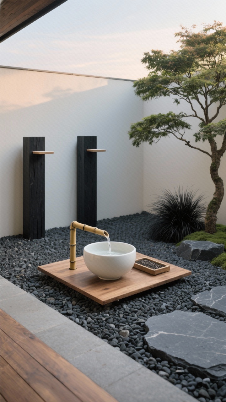 Photorealistic overhead/detail shot: a Zen gravel courtyard with a raked gravel bed bordered by dark basalt stones; centered low square cedar platform holding a single wide ivory ceramic water bowl fed by a bamboo spout trickling gently, and a sleek minimalist seed tray; two upright black-stained posts with simple, clean-lined feeders; a Japanese maple and a tuft of black mondo grass for contrast; palette charcoal, cedar, ivory, deep green; tranquil, intentional negative space with soft dawn light; no people.