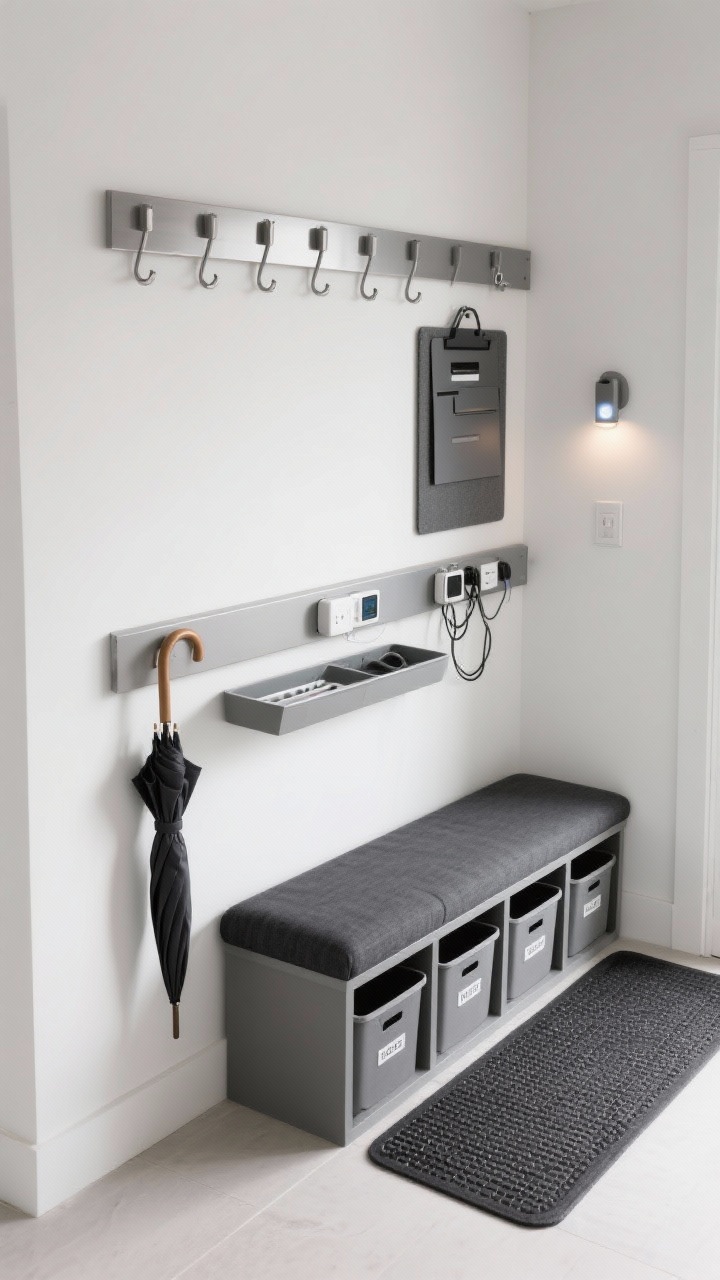 Photorealistic overhead detail shot, smart storage alcove with tech touches: shallow brushed aluminum rail system with adjustable hooks and a magnetic mail board; narrow charging ledge with hidden cable management holding devices; labeled stacking bins organized below next to a slim umbrella dryer tray; wipeable charcoal performance fabric bench cushion and a rubber-backed utility rug; wall sconce with motion sensor nearby, clean and functional mood in white, charcoal, and aluminum tones