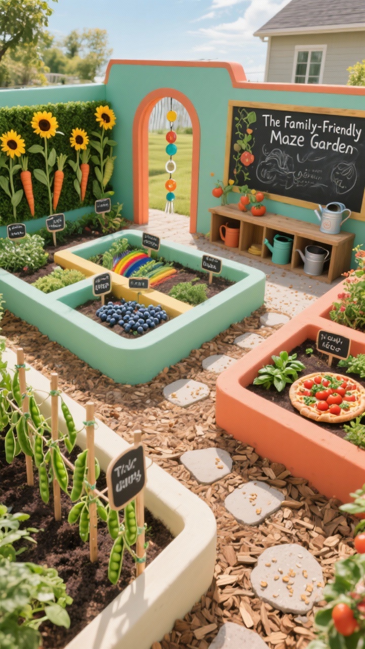 Photorealistic playful overhead/angled medium shot of “The Family-Friendly Maze Garden”: staggered L-shaped raised beds arranged like a mini maze; frames painted in complementary colors—sage, terracotta, and cream—with softly rounded edges; paths of wood chips punctuated by stepping stones set like breadcrumbs; plantings include snap peas on short trellises, sunflowers forming living walls, rainbow carrots, dwarf blueberries, and a dedicated pizza garden zone (tomatoes, basil, oregano); chalkboard plant signs labeling zones, a low storage bench for watering cans, and a whimsical rain chain at the entrance; bright, cheerful daylight with lively colors, no people.