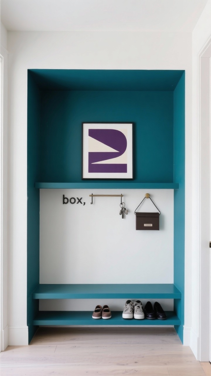 Photorealistic straight-on medium shot, bold built-in illusion with color blocking: a floor-to-ceiling painted rectangle in deep teal (or aubergine) creates a faux alcove; inside the painted “box,” a slim floating shelf, wall-mounted coat rail, and a floating shoe ledge; narrow wall-mounted drop zone for keys and mail, a graphic statement art print centered above the shelf; warm white surrounding wall contrast, clean lines and modern punch