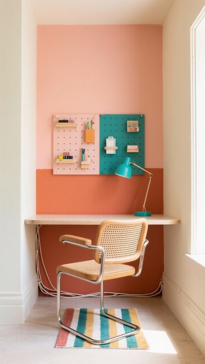 Photorealistic straight-on medium shot: color-blocked work niche with a two-tone painted wall—terracotta on the bottom third, peach above—creating a clear zone; a narrow wall-mounted rounded-edge desk; slim task chair with a cane back; pegboard panels painted to match for modular storage holding small supplies; a gooseneck lamp with a teal color-pop shade; a small stripe rug underfoot; clean cord channels painted wall color to hide cables; palette terracotta, peach, cream with teal accent; bright, energetic lighting.