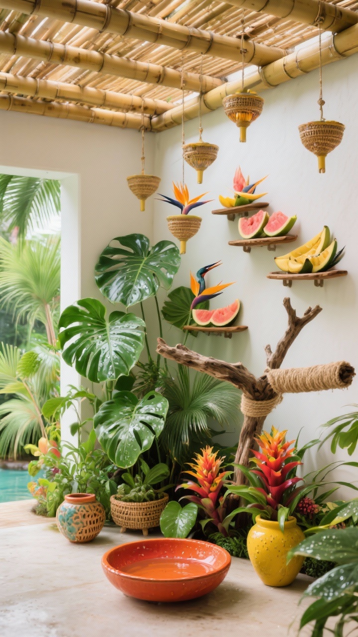 Photorealistic wide corner view under a bamboo pergola: staggered-hanging nectar feeders, sliced-fruit trays, and an orange-red ceramic water dish; lush plant cluster of monstera, bird-of-paradise, palms, and bright bromeliads around the base; a driftwood branch suspended with jute as a natural perch; colors emerald, lime, coral, banana yellow; materials bamboo, rattan, glazed pottery; leaves lightly misted with morning droplets catching light; lively, tropical mood; no people.