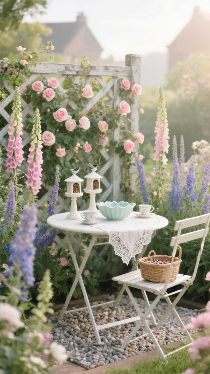 Photorealistic wide garden scene, straight-on: a white-painted vintage bistro table nestled among foxgloves and lavender, styled with two petite pedestal feeders, a pastel ceramic birdbath with scalloped edges, antique teacups repurposed as suet holders, and a lacey runner; a weathered trellis draped in climbing roses forms the backdrop; small woven basket for seed storage on the chair; gravel apron beneath to catch hulls; color palette cream, rose pink, sage, soft blue; floral, dreamy mood in gentle morning light; no people.