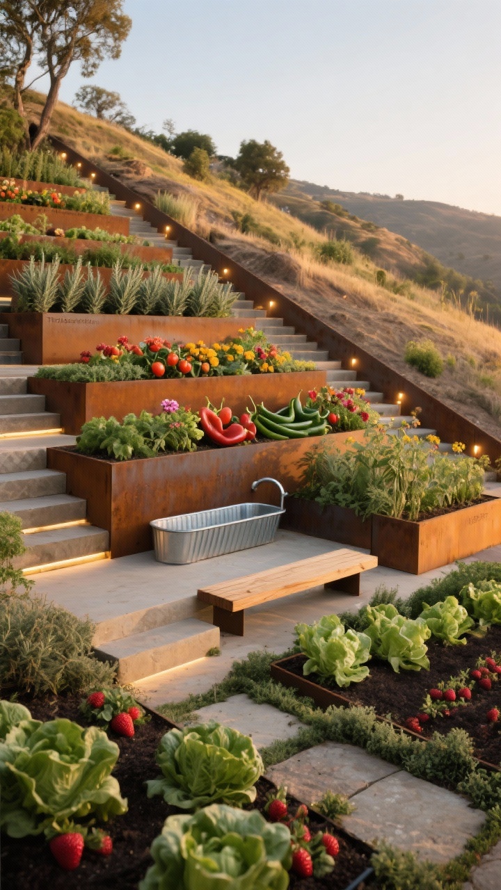 Photorealistic wide hillside view of “The Terraced Hillside Theater”: tiered raised beds stepping down a slope like a mini amphitheater, each terrace retained by corten steel or chunky timber; stair treads cut diagonally for efficient movement between levels; top tier planted with heat lovers (rosemary, sage, cherry tomatoes), mid tier with peppers and zinnias, lower tier with lettuces and strawberries; paths with stone risers and thyme creeping between joints; low-voltage step lights along risers, a slim bench midway, and a galvanized watering trough as a bold statement planter; golden hour lighting that makes metal and foliage textures glow, no people.