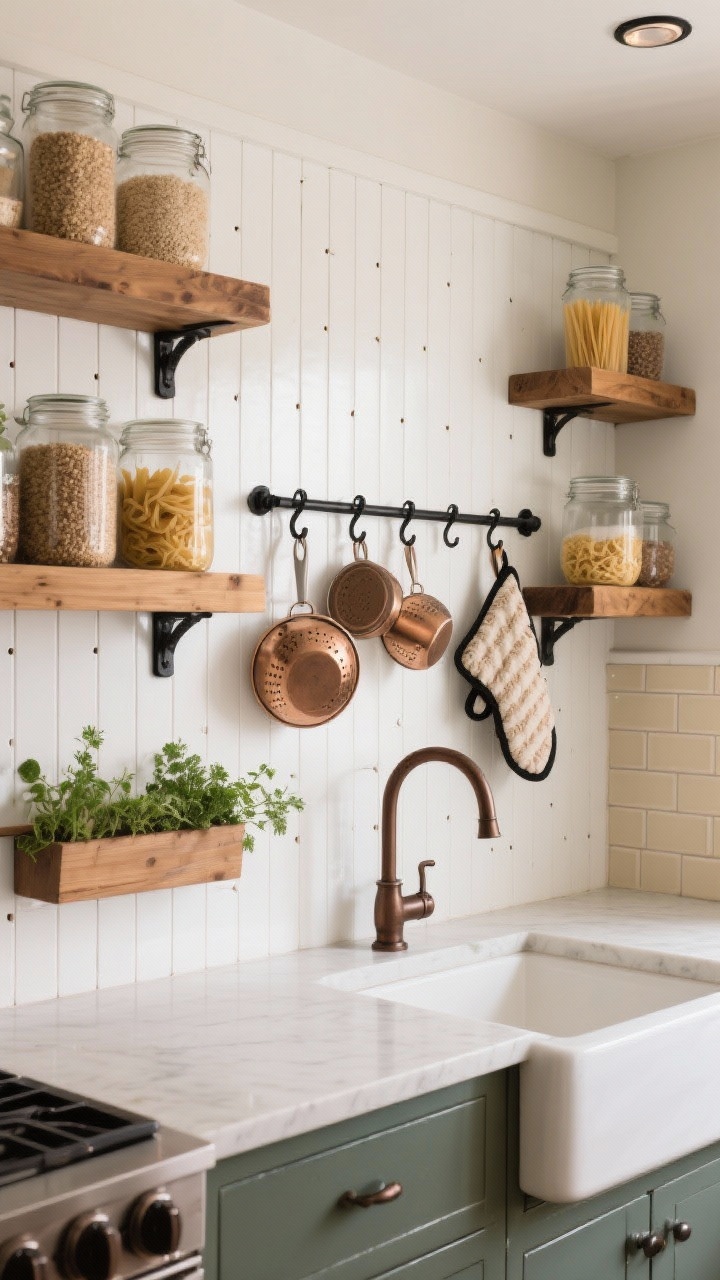 Photorealistic wide kitchen backsplash scene: white pegboard with a sealed high-gloss finish used as the backsplash, flanked by warm oak open shelves stocked with jars of grains and pasta. Palette of white, warm oak, and black iron. Black iron hooks and a towel rail holding oven mitts and potholders; deep wooden pegs supporting colanders; a small herb planter rail with fresh herbs. Rubbed bronze faucet, adjacent walls with cream subway tile merging old and new. Cozy farmhouse atmosphere, practical layout, warm ambient task lighting, slight three-quarter angle from counter height.