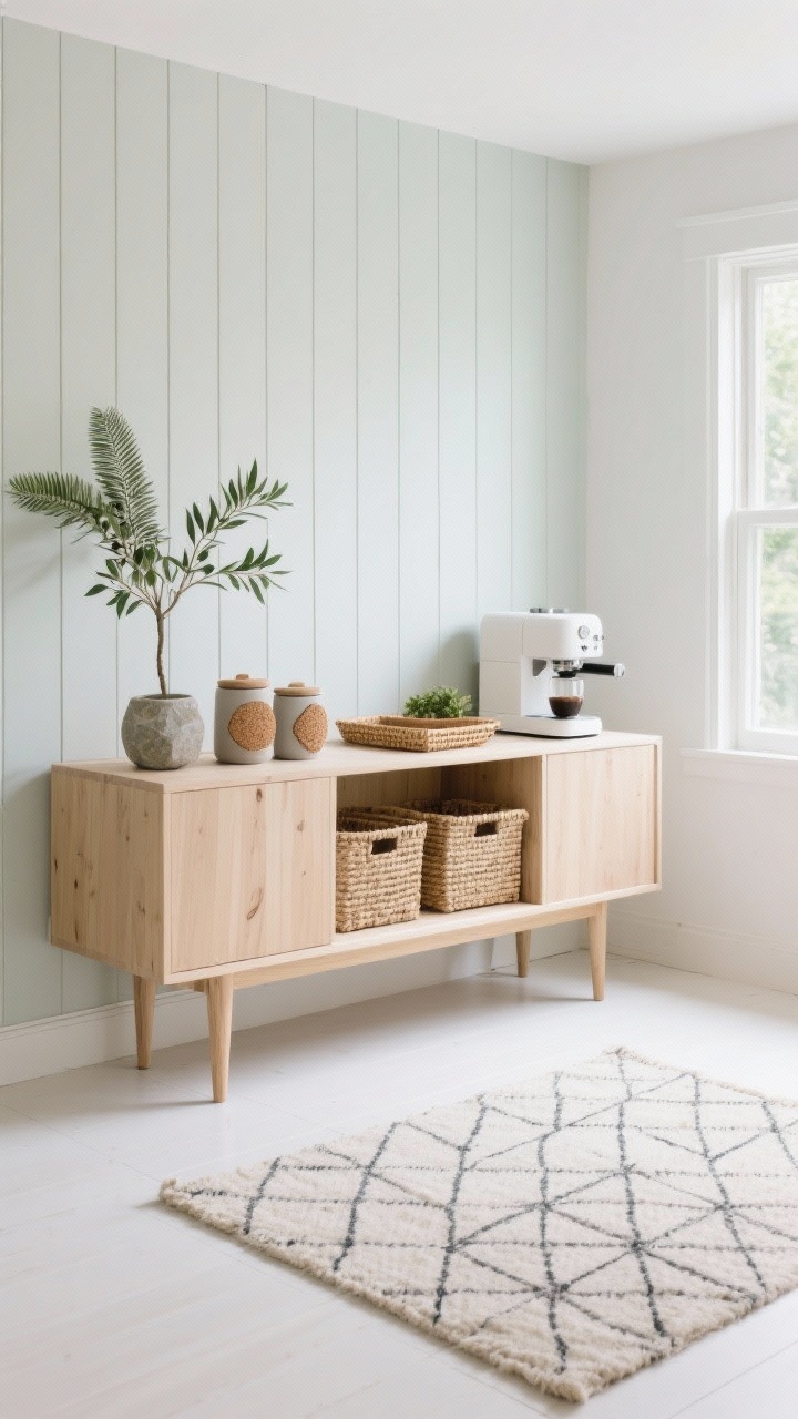 Photorealistic wide, light-filled Scandinavian setup: a pale ash wood sideboard on tapered legs with a matte white coffee machine. Backdrop features vertical beadboard or fluted paneling painted soft greige for texture. Accessories are natural and intentional: stone-toned ceramic canisters, cork trivet, woven tray. Greenery includes a fern and a petite olive tree. Open cubbies with woven baskets for storage. A flatweave rug in a subtle diamond pattern underfoot. Palette of white, oat, ash wood, and muted sage. Bright, airy natural lighting from a side window. Straight-on, uncluttered composition.
