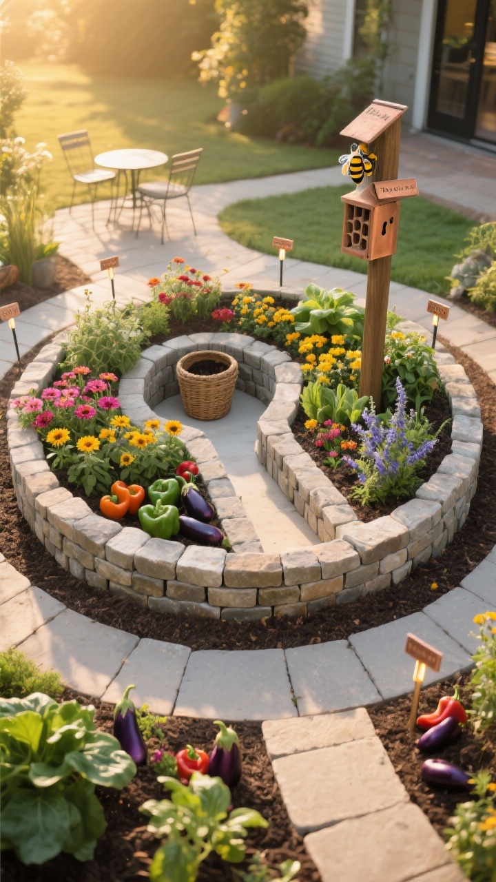 Photorealistic wide overhead/oblique shot of “The Bee-Line Keyhole Garden”: circular raised bed built from stone blocks or gabion baskets with a notch forming the keyhole entry to a small center standing space; optional central compost basket or decorative urn; planting mix of pollinator flowers—zinnias, calendula, borage—interspersed with peppers, eggplants, and leafy greens; mulched spoke-like paths radiating outward leading to a small sunny bistro set; bee hotel mounted on a post nearby, copper plant labels visible, and subtle solar stake lights outlining the keyhole shape; warm late-afternoon light hinting at golden glow, no people.
