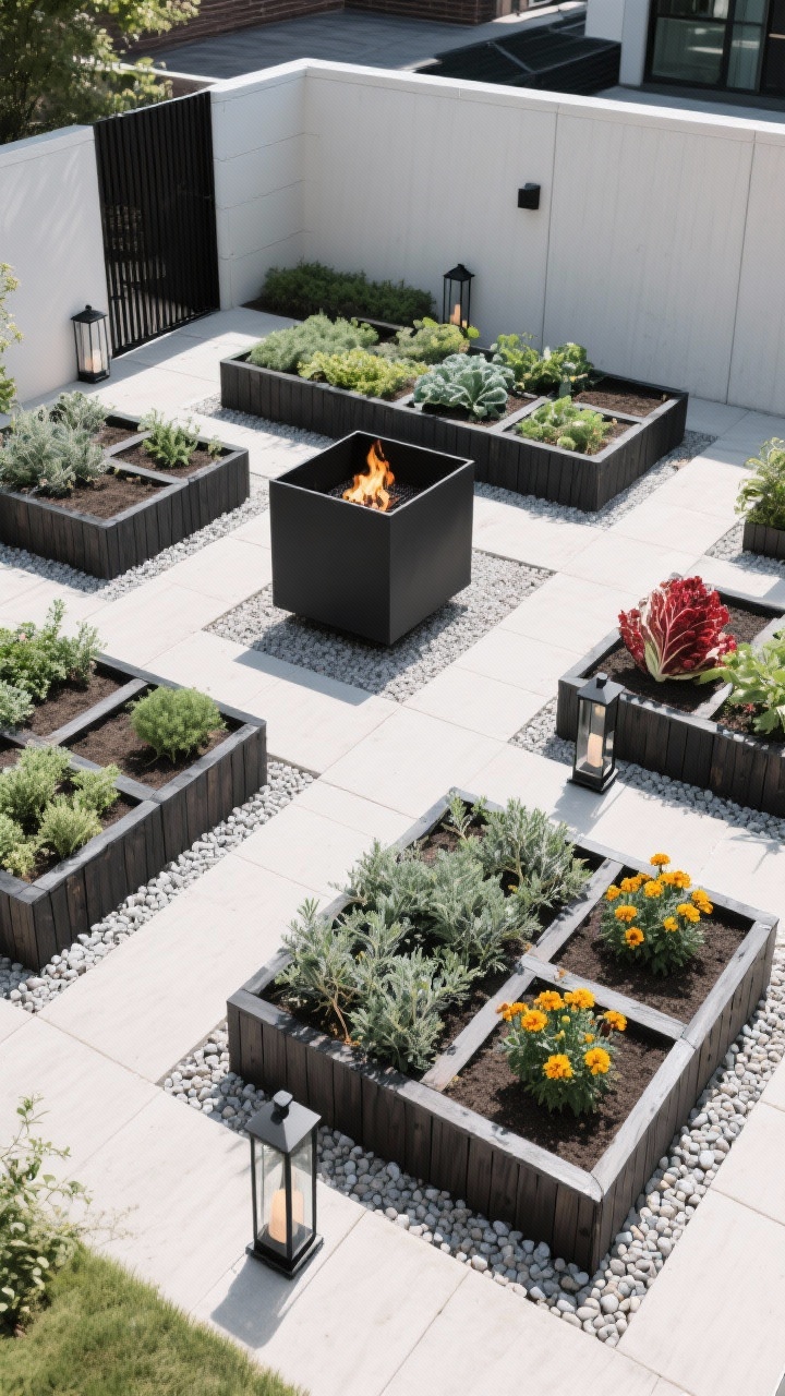 Photorealistic wide overhead shot of “The Modern Grid Courtyard”: four to six square raised beds in a perfect grid, framed in black powder-coated steel or charred cedar (shou sugi ban), each 12–16 inches high; pale pea gravel or decomposed granite pathways with crisp steel edging; planted with tidy blocks of thyme, oregano, dwarf kale, red romaine, and marigolds for color pops; hidden drip lines implied by immaculate soil surfaces; centered low fire bowl or matte-black cube planter as focal point; matte-black lanterns placed along the paths; clean minimalist, urban courtyard vibe, razor-sharp lines, bright even daylight, no people.