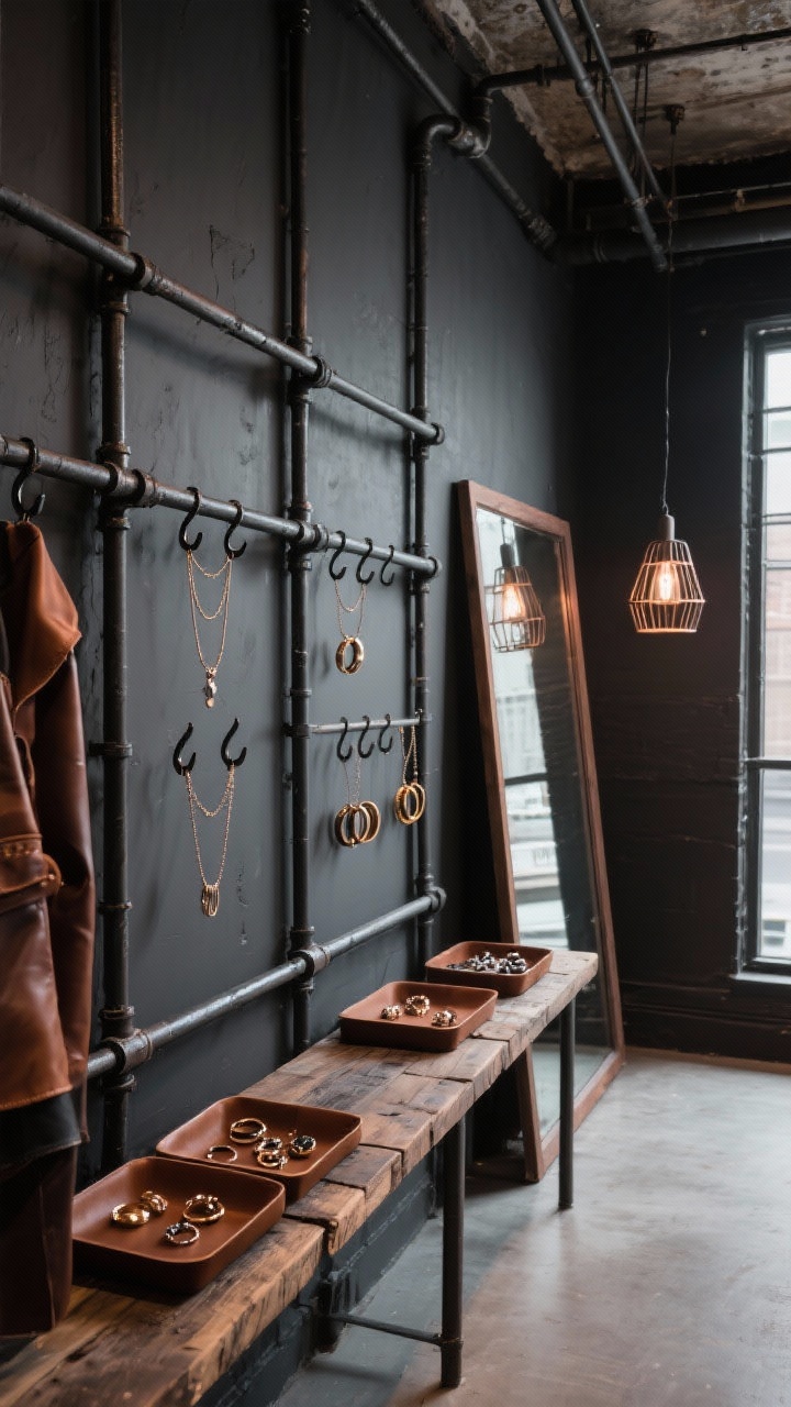 Photorealistic wide room shot of an industrial closet wall: moody charcoal painted wall with a grid of black iron pipe rails. S-hooks neatly suspend necklaces and bangles like a boutique display. A lower reclaimed wood shelf organizes leather-lined trays for rings and studs. An oversized factory mirror leans on one side; a caged pendant light adds gritty illumination with subtle shadows. Palette charcoal, walnut, iron, copper; materials steel pipe, reclaimed wood, leather; urban loft meets retail display.