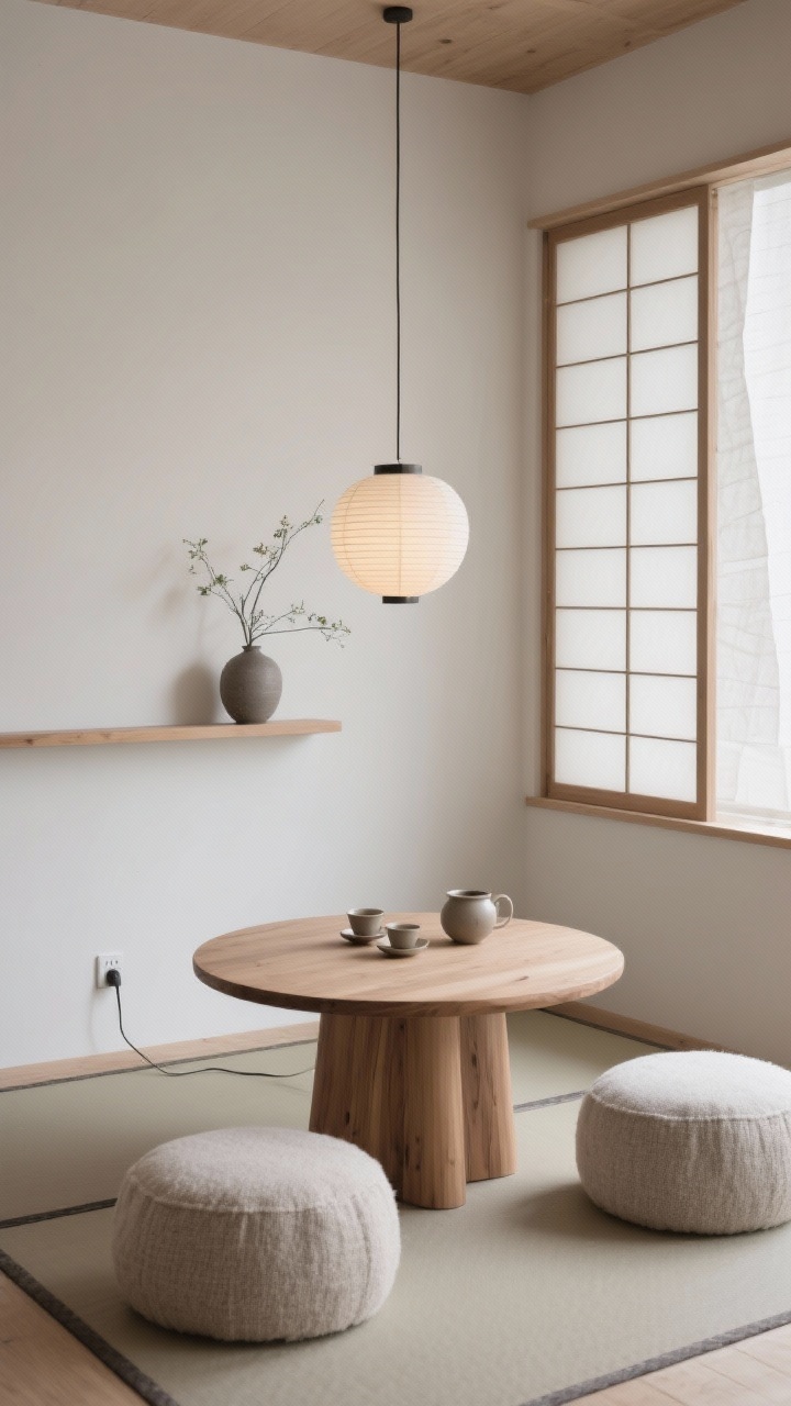 Photorealistic wide, serene corner scene: Japandi tea retreat with a low oval ash wood table flanked by two textured cotton floor poufs; wall-mounted ledge holding a single ikebana vase; neutral palette of warm whites, soft taupe, pale ash wood, hints of graphite; a plug-in paper lantern pendant softly pooling light; matte ceramic tea set on the table; a slatted shoji-style screen subtly framing the corner; textures paper, raw ceramic, cotton, light wood; calm, minimal styling, soft diffused illumination.
