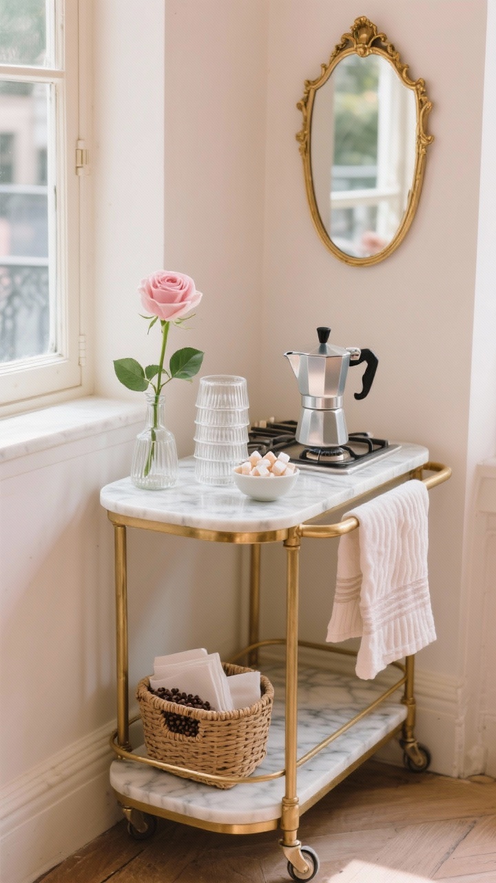 Photorealistic wide shot from a slight corner angle: a petite Parisian rolling bar cart with a faux marble top and brass frame tucked beside a window; styled with a shiny stovetop moka pot, stacked ribbed glass cups, and a small footed bowl of sugar cubes; a petite gilded mirror hung above to bounce light; a fluted linen towel draped over the cart rail; lower shelf holds a woven basket for beans and napkins; single rose in a bud vase on top; palette of cream, brass, and soft blush; soft natural daylight, refined café charm, no people.