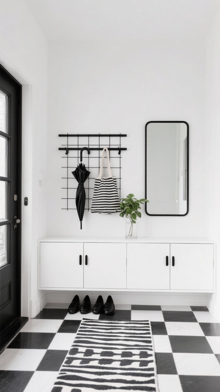 Photorealistic wide shot, high-contrast black-and-white grid entry: white walls with a wall-mounted black grid coat rack (horizontal bars, minimal hooks), a white shoe cabinet beneath with black pulls; checkerboard floor tiles or a graphic black-and-white runner; rectangular mirror with thin black trim; strict accessories—black umbrellas, a striped tote, and a single green plant for contrast; crisp, modern linework
