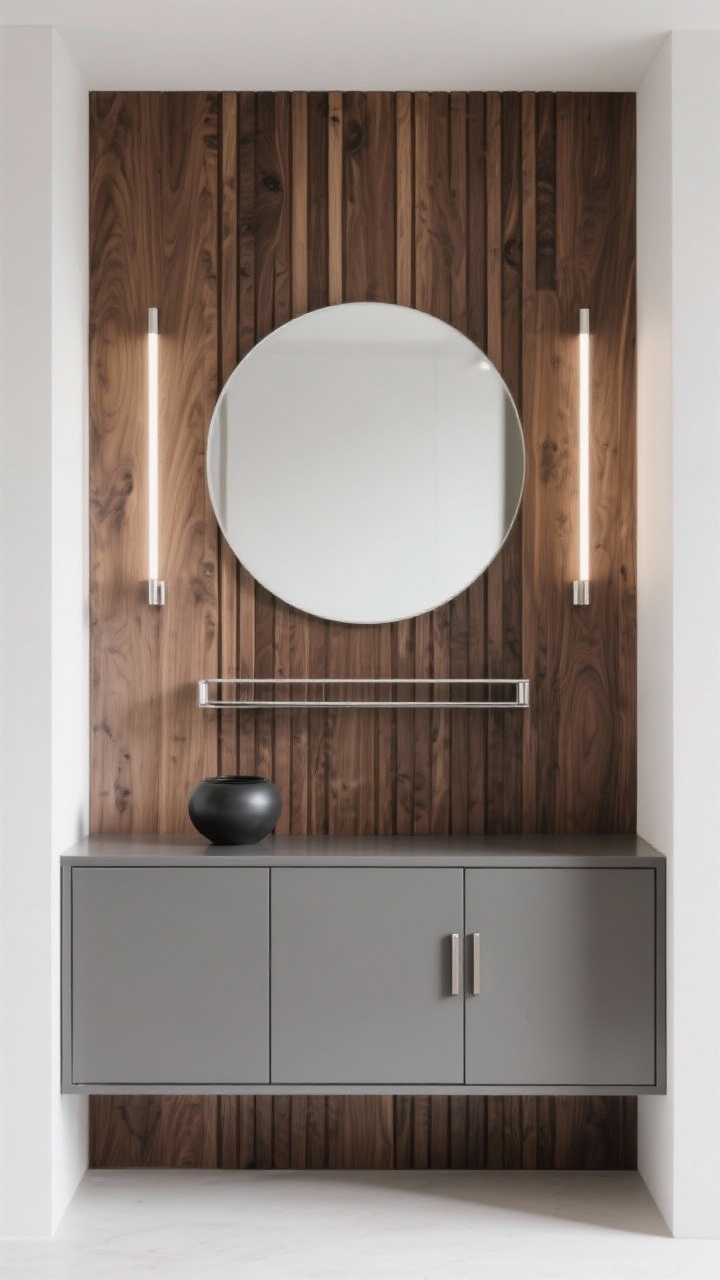 Photorealistic wide shot of a contemporary slatted wood accent wall with hidden storage: vertical walnut-stained wood slats with slight gaps creating shadow lines; integrated flush cabinet at the base with push-latch doors continuing the slat pattern; minimalist round mirror centered above; two pencil-thin LED sconces flanking the mirror with crisp white light; slim metal shoe rack or narrow brushed-steel console in front; palette of walnut, soft gray, graphite, and crisp white; single black ceramic vessel as a strong silhouette on the console. Clean, architectural, elevated mood.