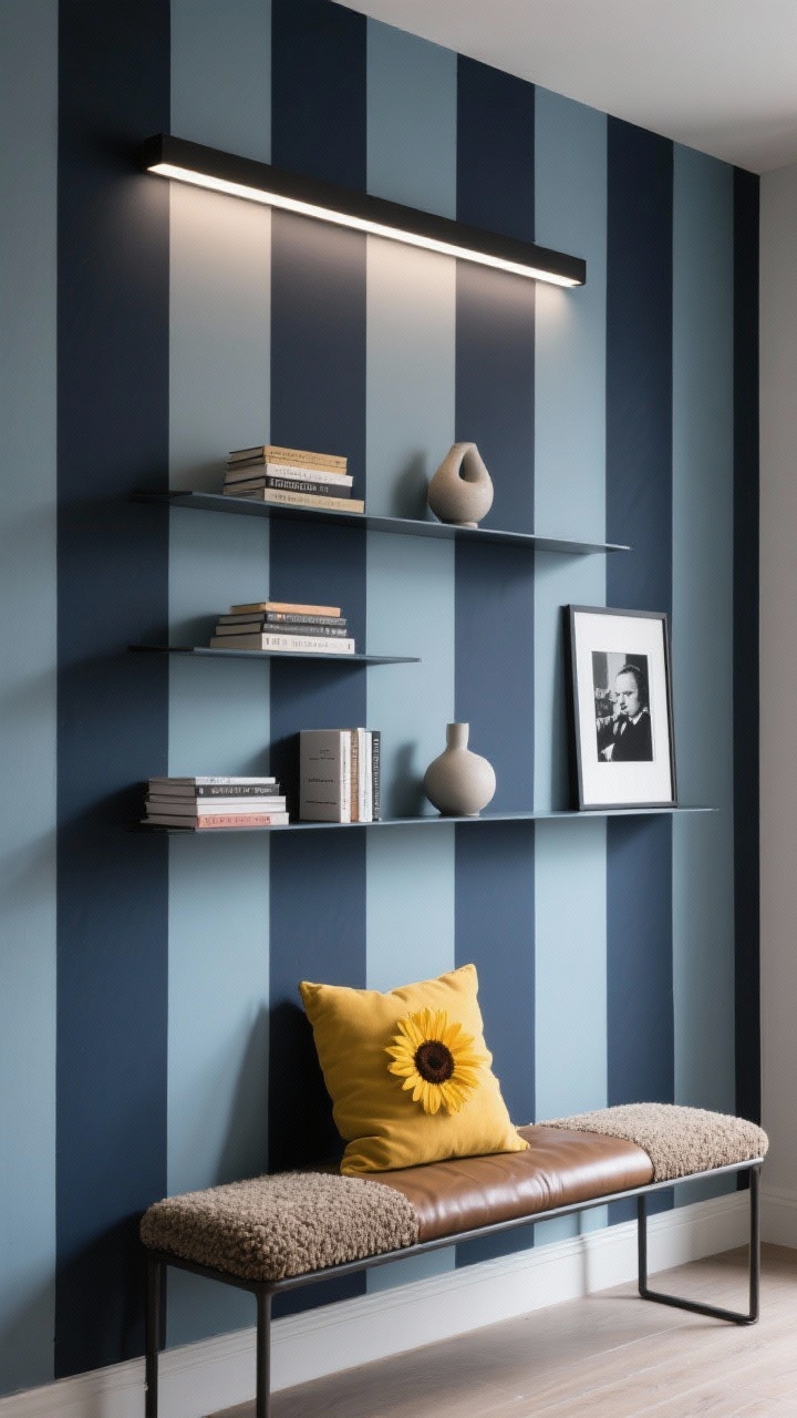 Photorealistic wide shot of a dramatic narrow wall with bold monochrome vertical stripes: alternating inky navy and dusty blue (or charcoal and soft gray) with wide, tailored bands; ultra-thin wall shelves painted to match the darker stripe so they visually recede; each shelf styled with three items—small stack of books, a ceramic form, and a black-and-white photo in a simple frame; slender bench below in boucle or leather; one sunflower-yellow pillow for contrast; linear picture light in matte black crowning the wall and casting even illumination. Editorial, tidy city-apartment vibe.