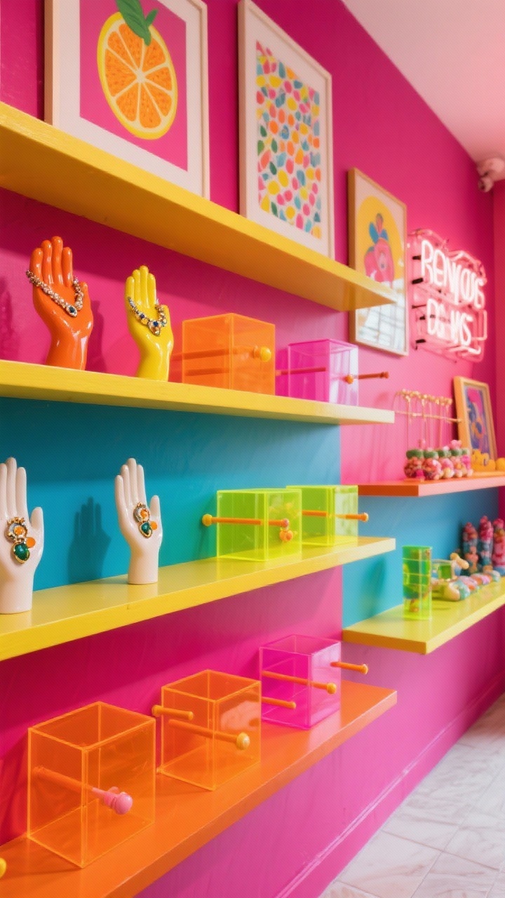 Photorealistic wide shot of a maximalist color pop shelf wall: a bold raspberry accent wall with saturated art prints. Color-blocked shelves in citrus hues (tangerine, lemon) hold candy-colored acrylic boxes grouped by tone. Painted dowels display necklaces; large statement earrings perch on glossy ceramic hand forms. A neon sign adds a playful glow, enhancing the vibrant palette of raspberry, tangerine, lemon, cobalt, gold. Materials acrylic, lacquered wood, ceramic; playful editorial energy.