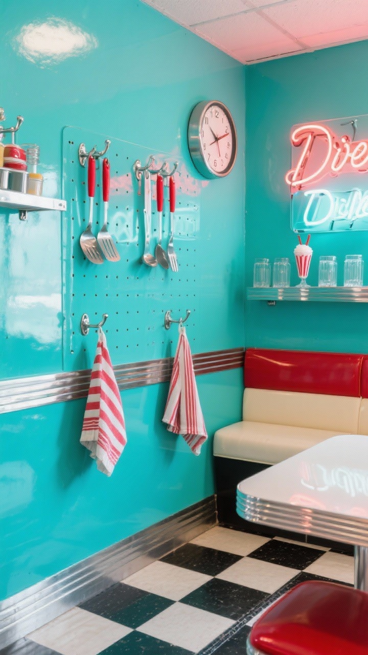 Photorealistic wide shot of a retro color pop diner wall: glossy mint/robin’s egg blue pegboard with chrome hooks, accent colors of cherry red, cream, and stainless. Red-handled utensils hang neatly; striped tea towels on a chrome rail; milkshake glasses lined on a shelf. Nearby, a neon-style wall script or retro clock adds character. Checkerboard floor mat or black-and-white runner underscores the diner vibe. Bright, cheerful lighting with slight reflections on chrome and glossy paint, energetic nostalgic mood, corner angle capturing the full setup.